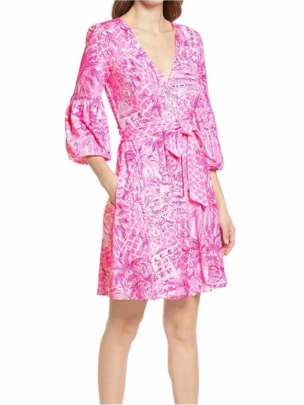 EUC | Sz Large | Lilly Pulitzer Chace Faux Wrap Dress Pink Blossom Palm Beach